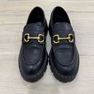 MANGO Women's Track Sole Leather Moccasins Loafers Black / Gold
Size 38